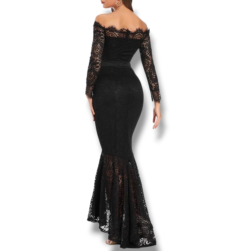 LALAGEN - XXL Floral Lace Long Sleeve Off Shoulder Mermaid Dress Black - Picture 3 of 13
